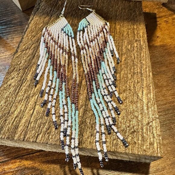 Boho Native American Navajo Seed Bead Dangle Wire Earrings, Turquoise Stone, Gi - Picture 9 of 11